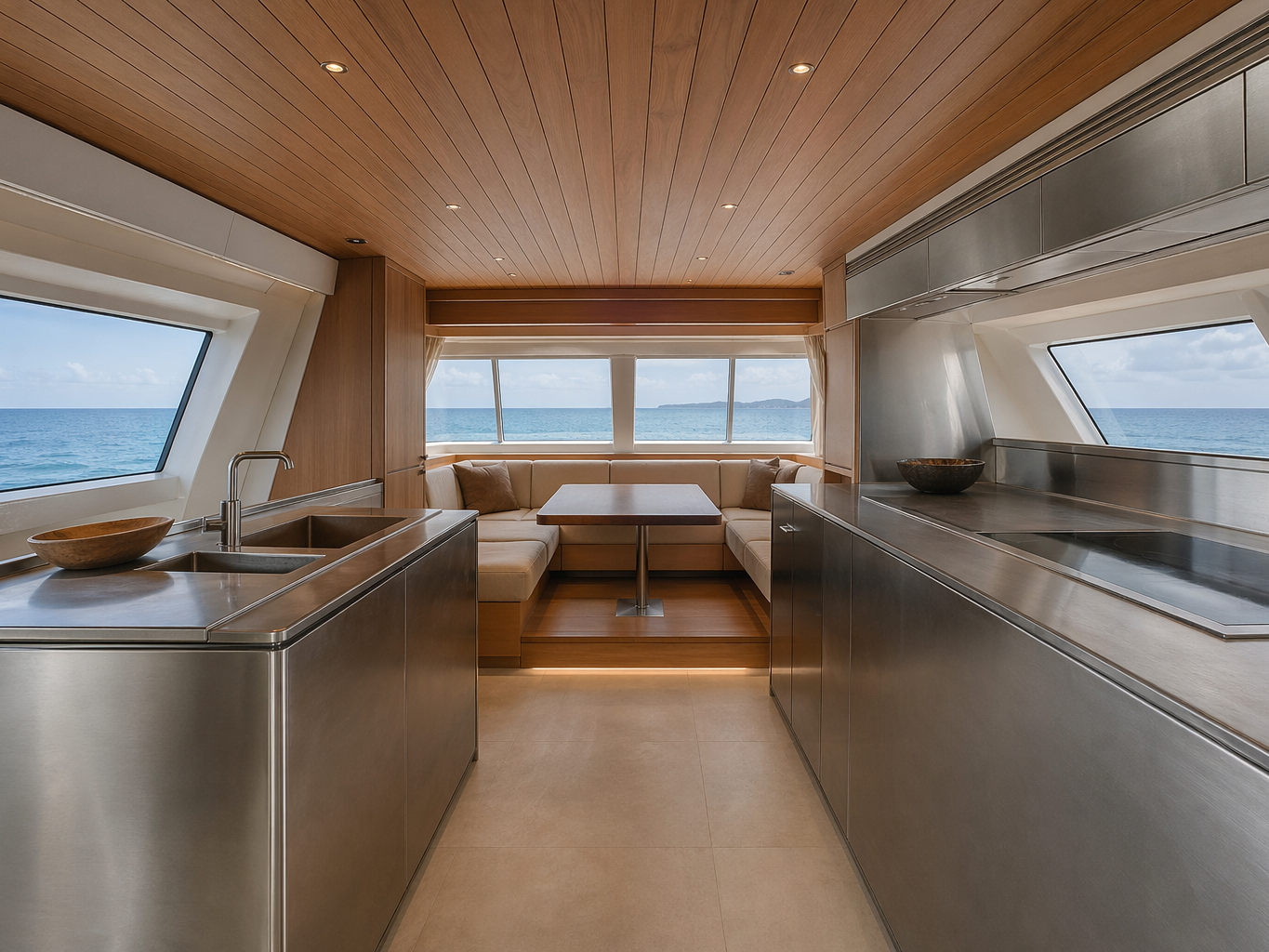 Fadior Caribbean Explorer Yacht — stainless galley island, teak ceiling, ocean window light, stone floor