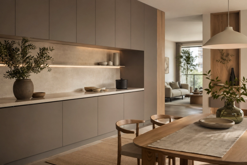 Lifestyle context: a calm apartment kitchen and dining corner showing warm minimalism, pale stone work surfaces, and quiet everyday context.