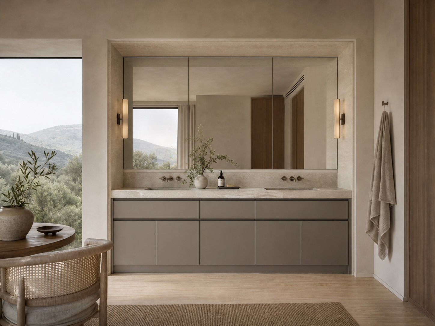 Fadior Verve Bath and Vanity Suite with Limewash Double Basin Alcove — interior room context showing cabinet integration