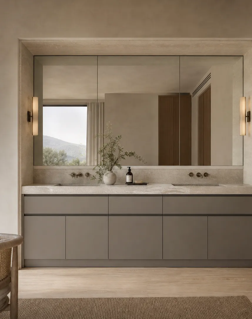 Suite de Baño y Tocador Verve con Doble Lavabo en Hornacina Limewash perspectiva interior