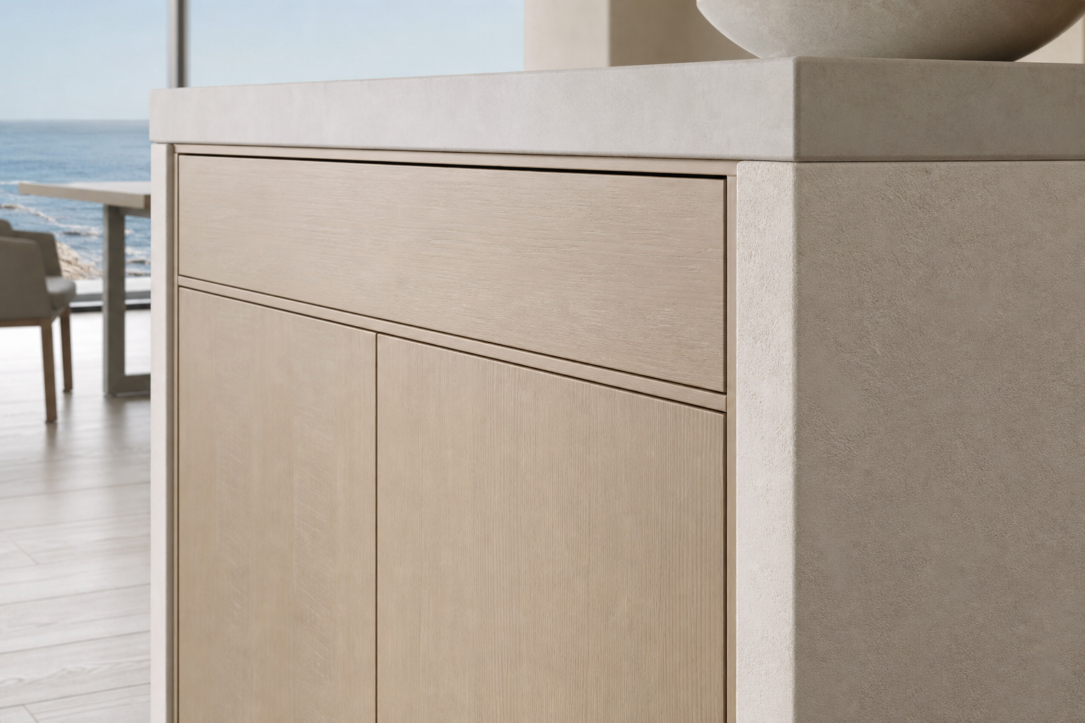 Fadior Cru Wine Cabinet Suite with Silver Patina Pairing Console — close-up of stainless steel finish and hardware detail