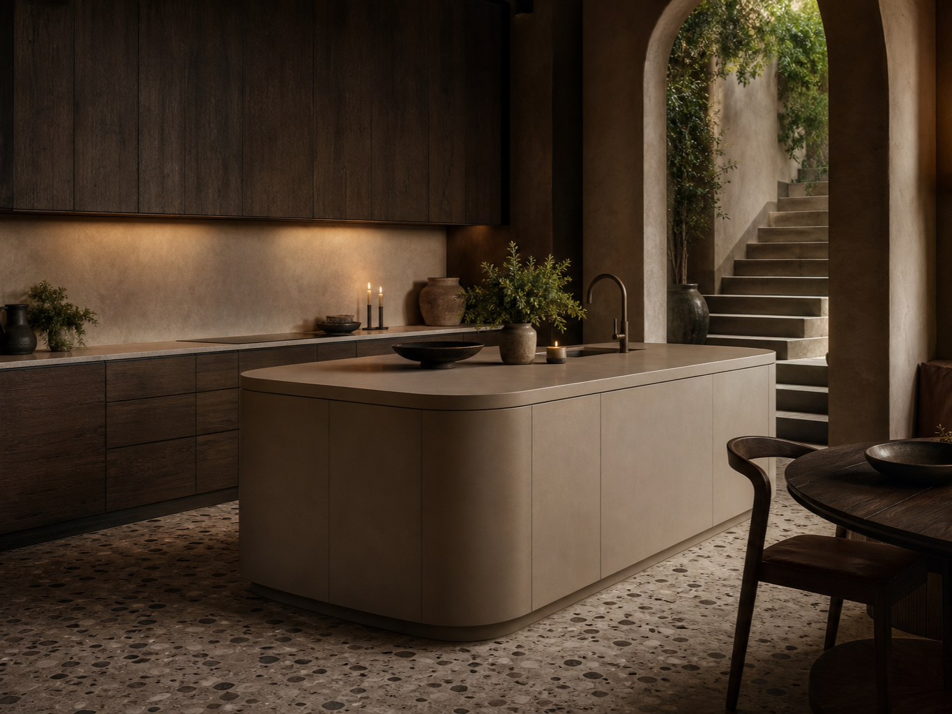 Fadior Meridian Kitchen Suite with Staron Cove Prep Island — interior room context showing cabinet integration