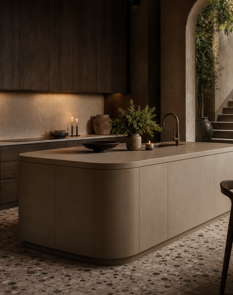 Fadior Meridian Kitchen Suite with Staron Cove Prep Island — interior room context showing cabinet integration