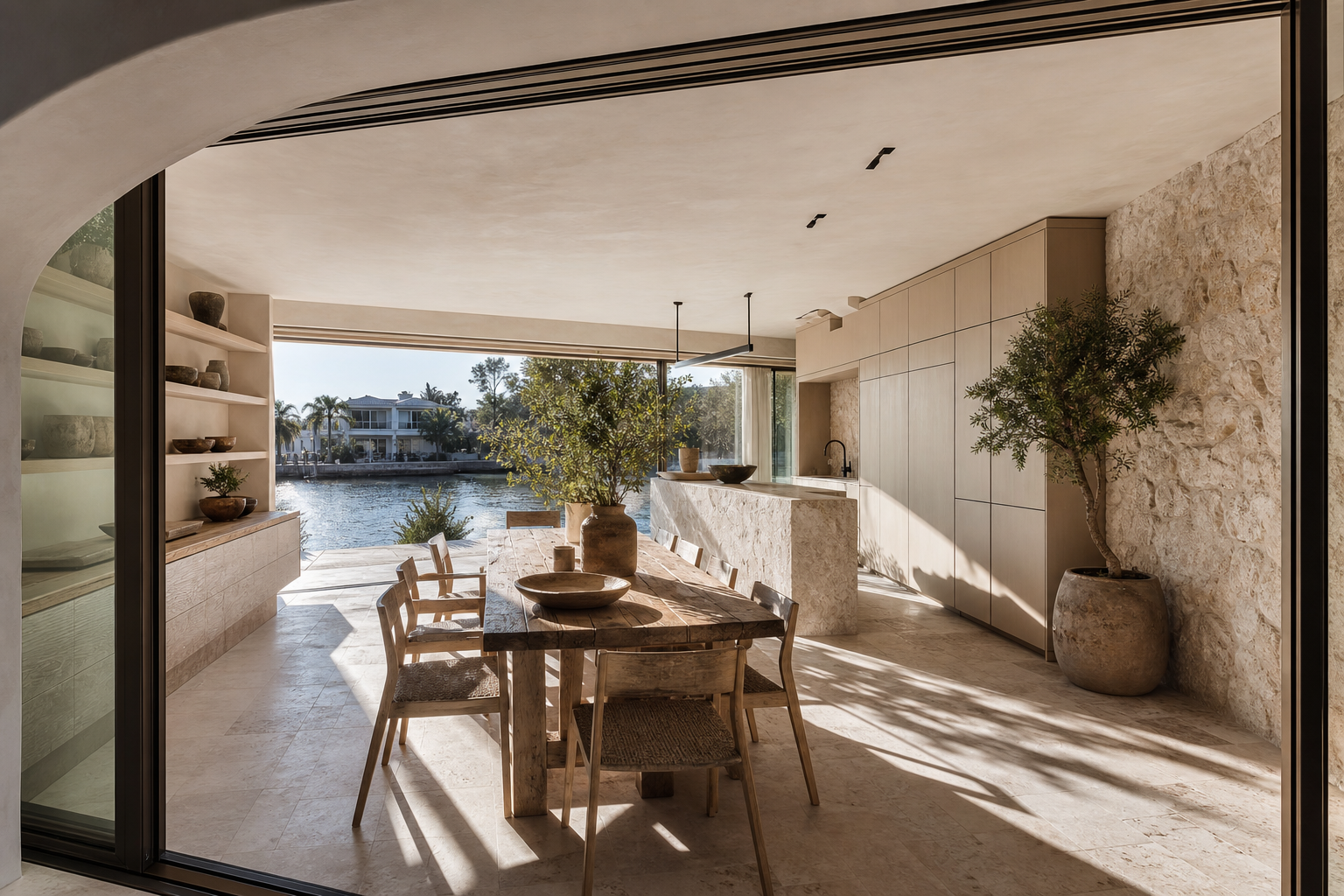 Fadior Hangzhou 220 sqm Kitchen Penthouse — Hangzhou dinner table, kitchen island, terrace door, cabinet wall, canal light