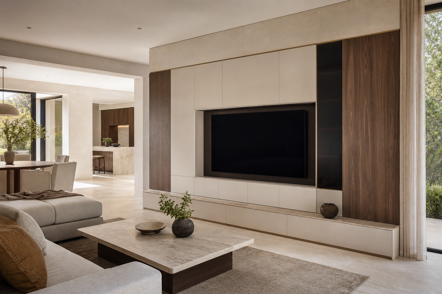 Fadior Veneto Living Room Suite with Modular Media Wall — lifestyle setting with natural light and residential styling