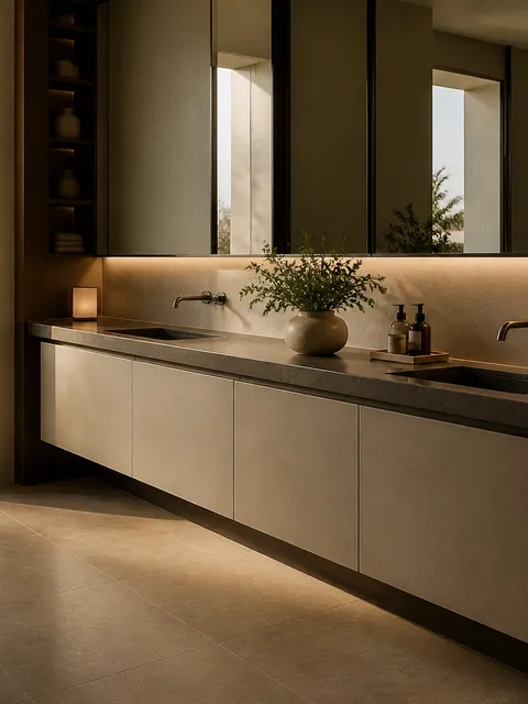 Fadior Nacre Bath and Vanity Suite with Porcelain Radiance Washwall — 304 stainless steel bath and vanity system, front view