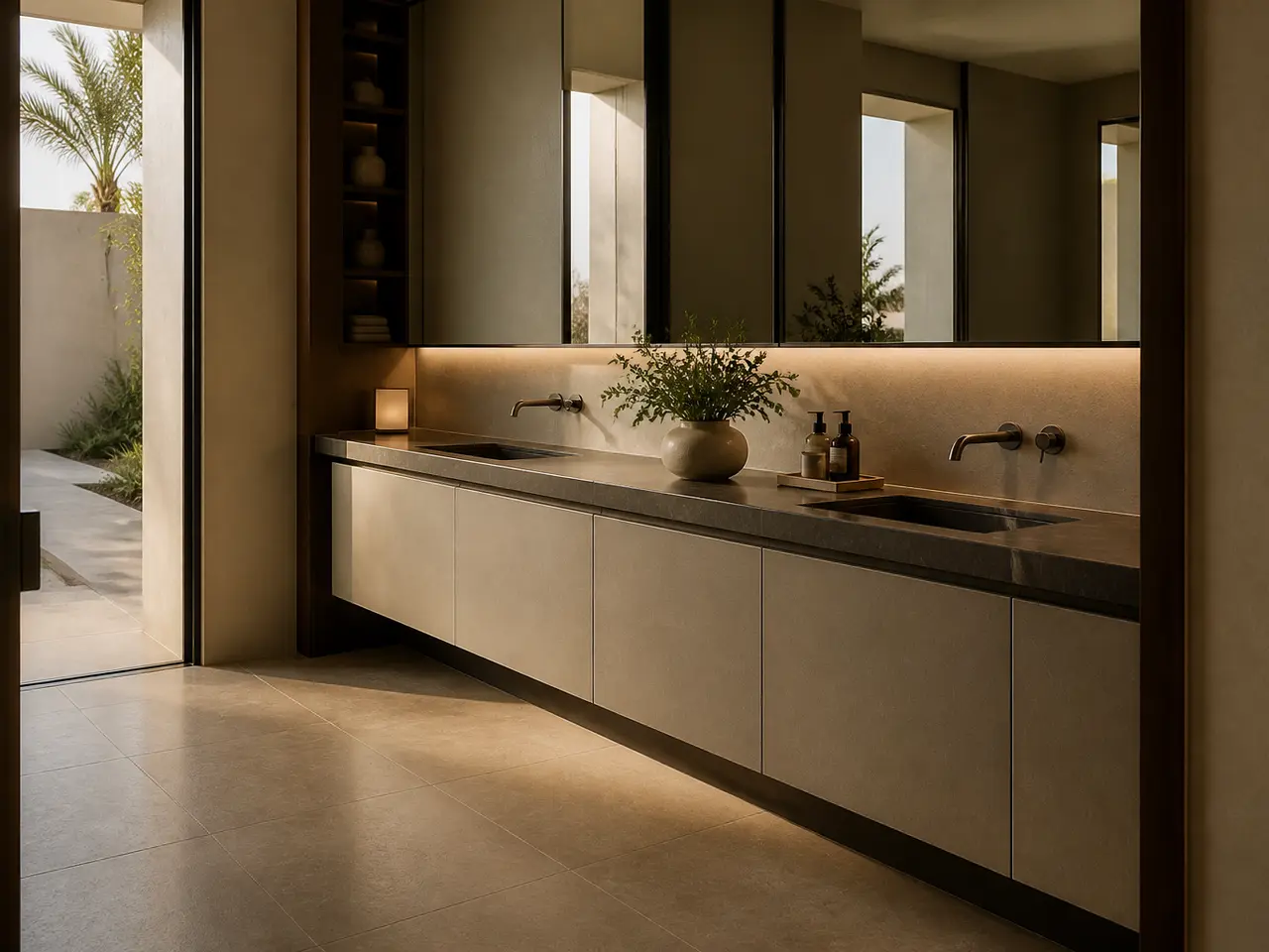 Fadior Nacre Bath and Vanity Suite with Porcelain Radiance Washwall — 304 stainless steel bath and vanity system, front view