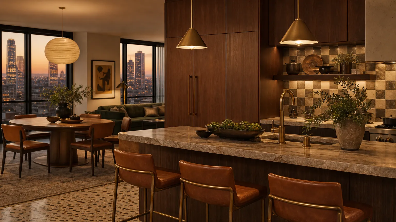 Warm apartment kitchen with layered cabinet finishes and city-window evening light.