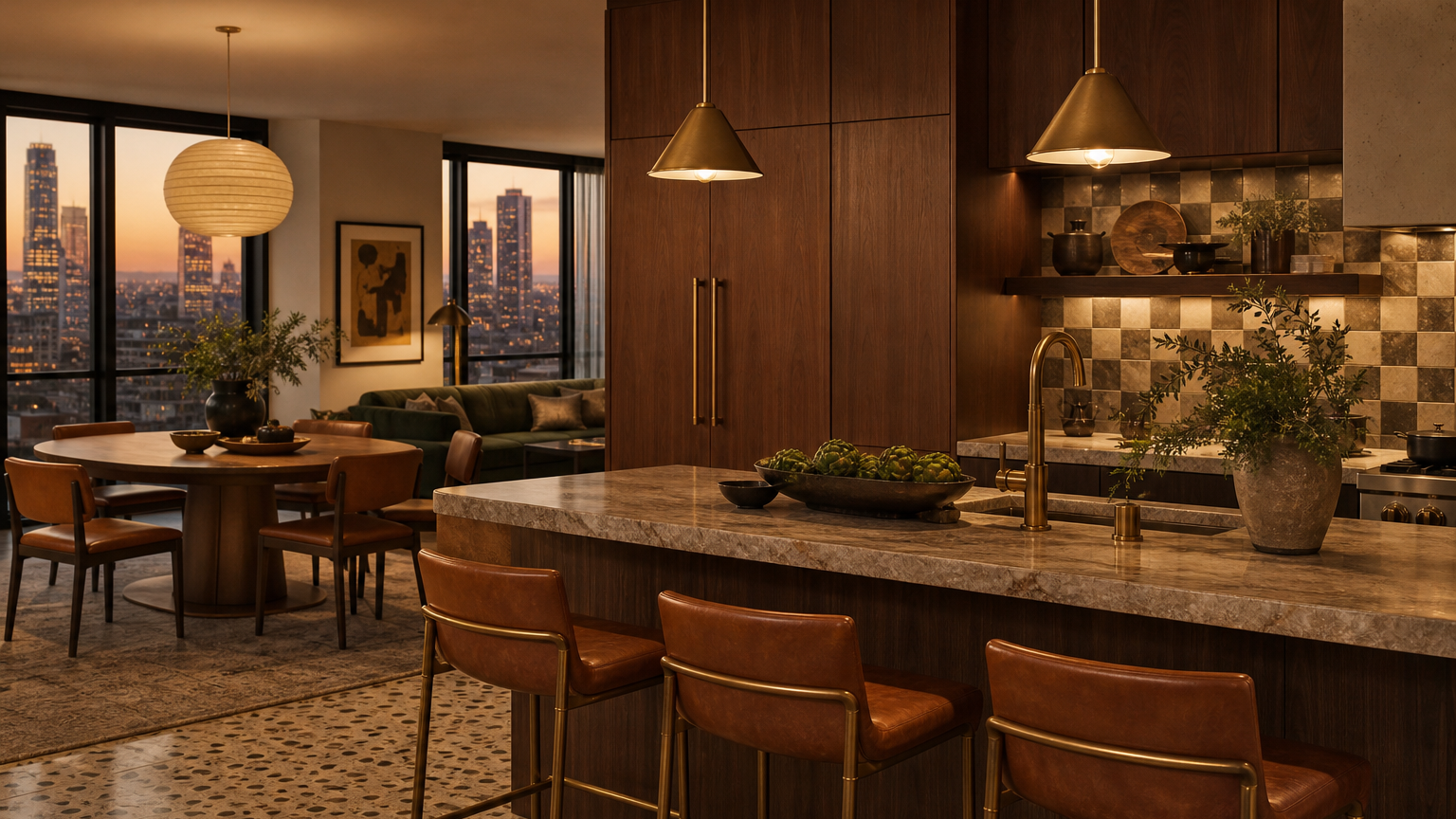 Warm apartment kitchen with layered cabinet finishes and city-window evening light.