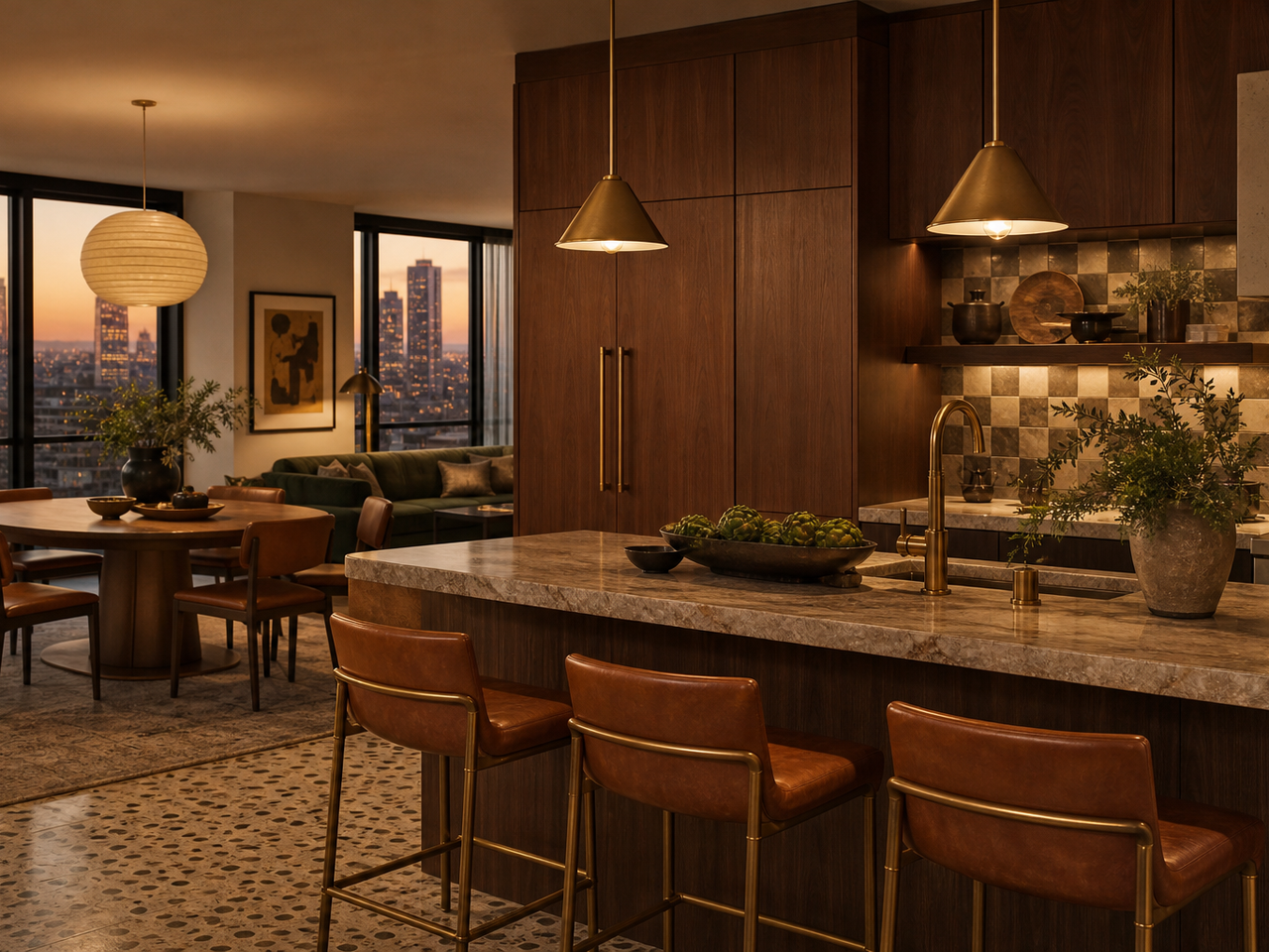 Warm apartment kitchen with layered cabinet finishes and city-window evening light. — 304 stainless steel cabinetry editorial by Fadior