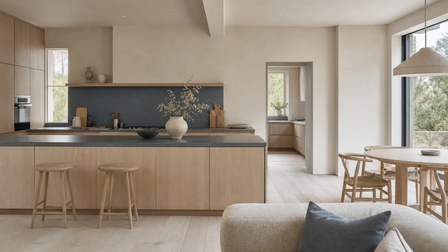 Open kitchen design connecting island, dining, and a discreet prep doorway in soft daylight.