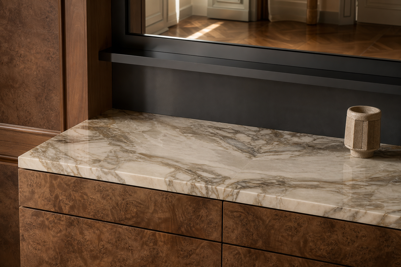 Fadior Solstice Bath and Vanity Suite with Thermal Mirror Grooming Ledge — close-up of stainless steel finish and hardware