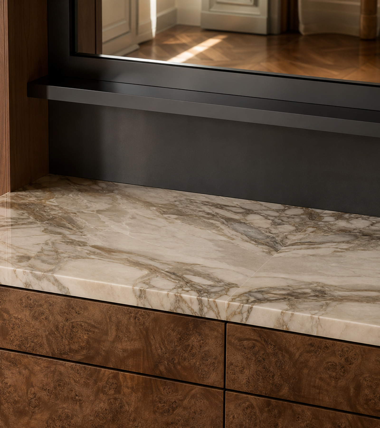 Fadior Solstice Bath and Vanity Suite with Thermal Mirror Grooming Ledge — close-up of stainless steel finish and hardware