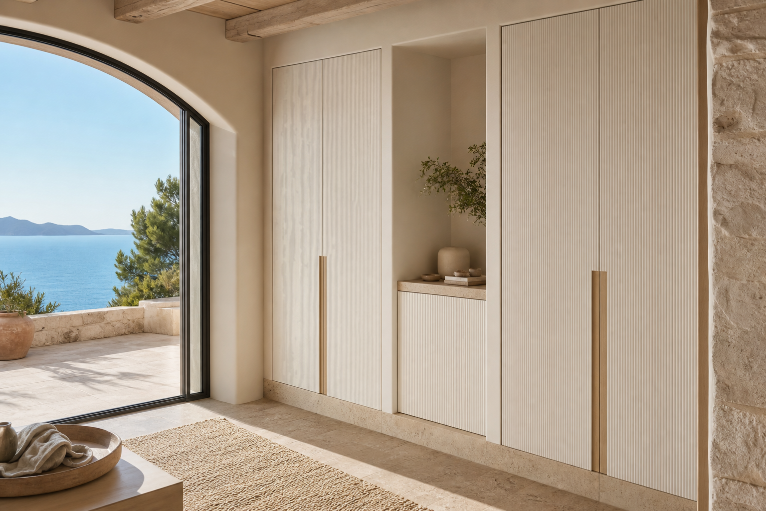 Fadior Lumiere Wardrobe Suite with Fluted Ivory Valet Alcove — lifestyle setting with natural light and residential styling