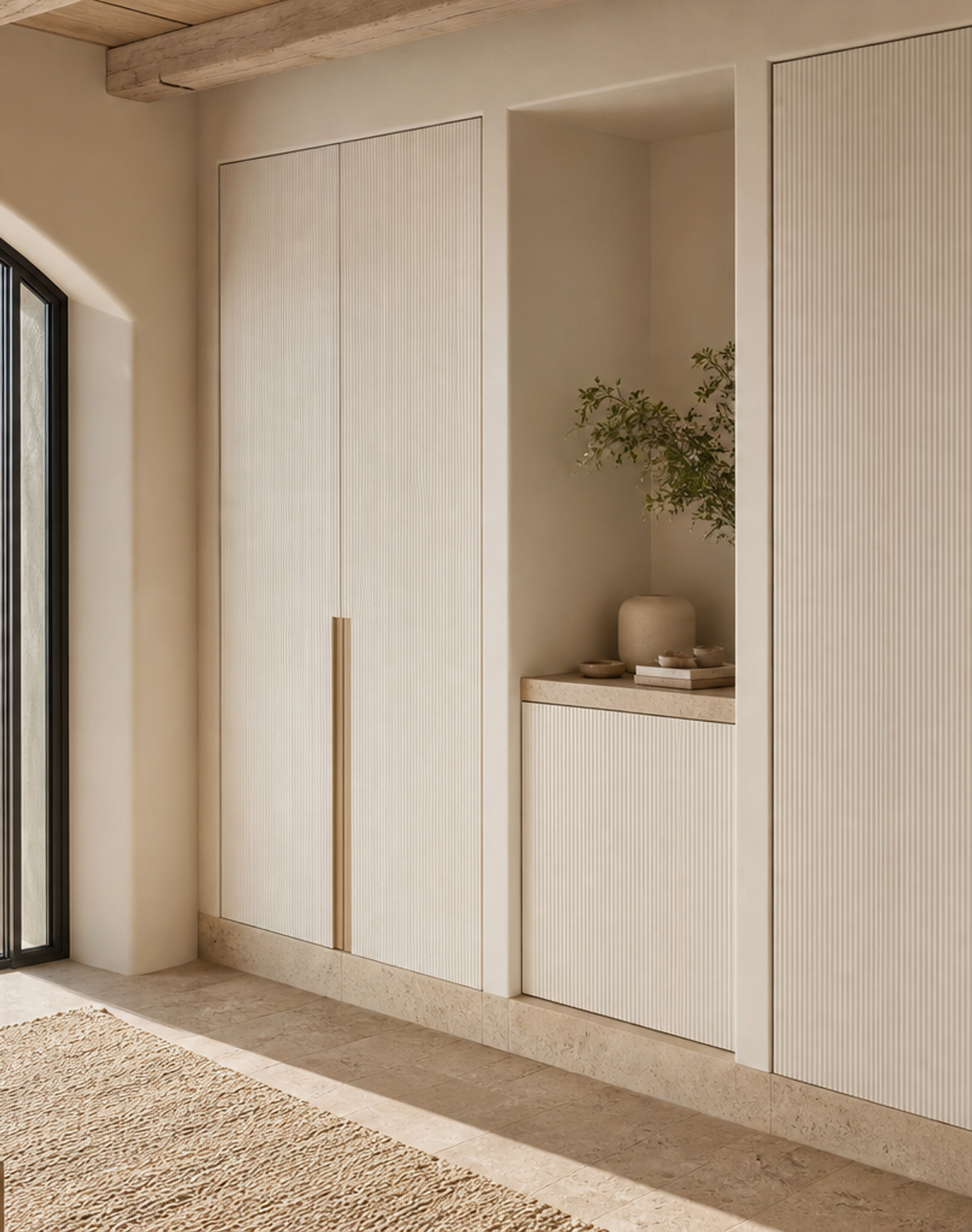 Fadior Lumiere Wardrobe Suite with Fluted Ivory Valet Alcove — lifestyle setting with natural light and residential styling