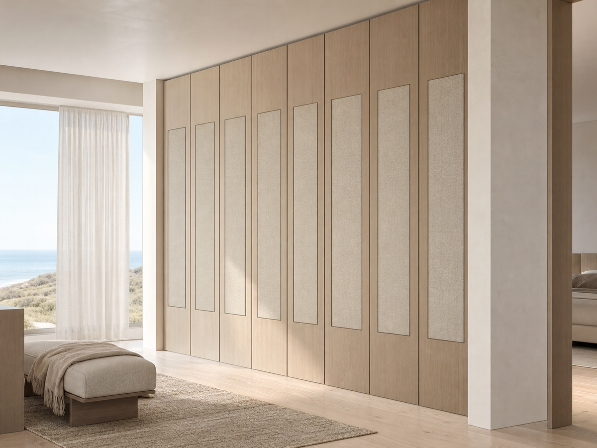 Fadior Radiance Wardrobe Suite with Linen Handle Reveal Wall — 304 stainless steel wardrobe system, front view
