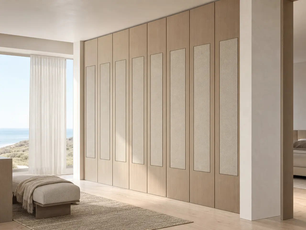 Fadior Radiance Wardrobe Suite with Linen Handle Reveal Wall - custom 304 stainless steel wardrobe or walk-in closet with lighting, hanging, drawer storage, and residential finishes