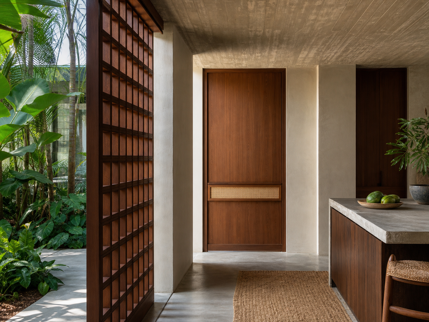 Fadior Alabaster Interior Door Suite with Rationalist Rail Pivot Door — interior room context showing cabinet integration