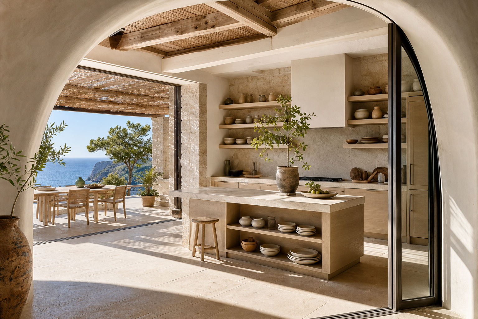 Lifestyle context: coastal villa kitchen and terrace planned around resilient procurement.