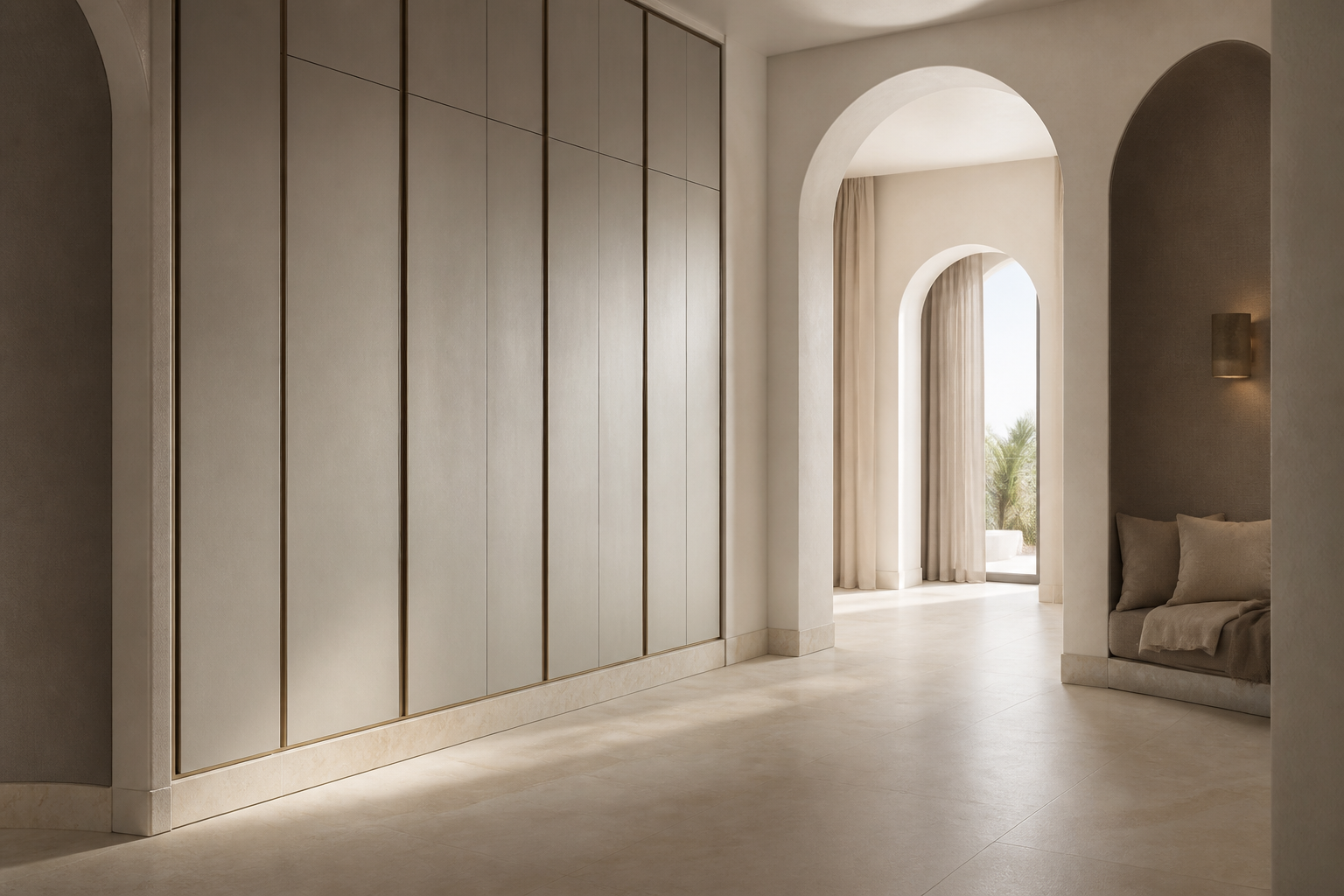 Fadior Onyx Wardrobe Suite with Porcelain Threshold Dressing Wall — interior room context showing cabinet integration