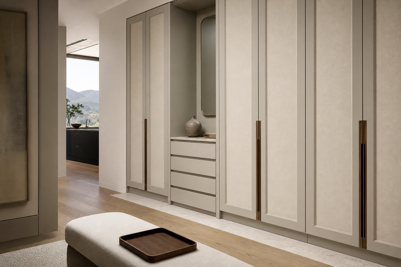 Fadior Lumiere Wardrobe Suite with Cafe Finish Valet Datum — lifestyle setting with natural light and residential styling
