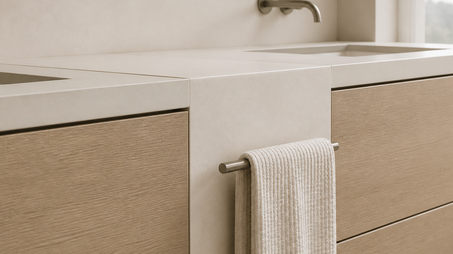Fadior Nacre Bath and Vanity Suite with Chalk Ceramic Towel Pier — close-up of stainless steel finish and hardware detail