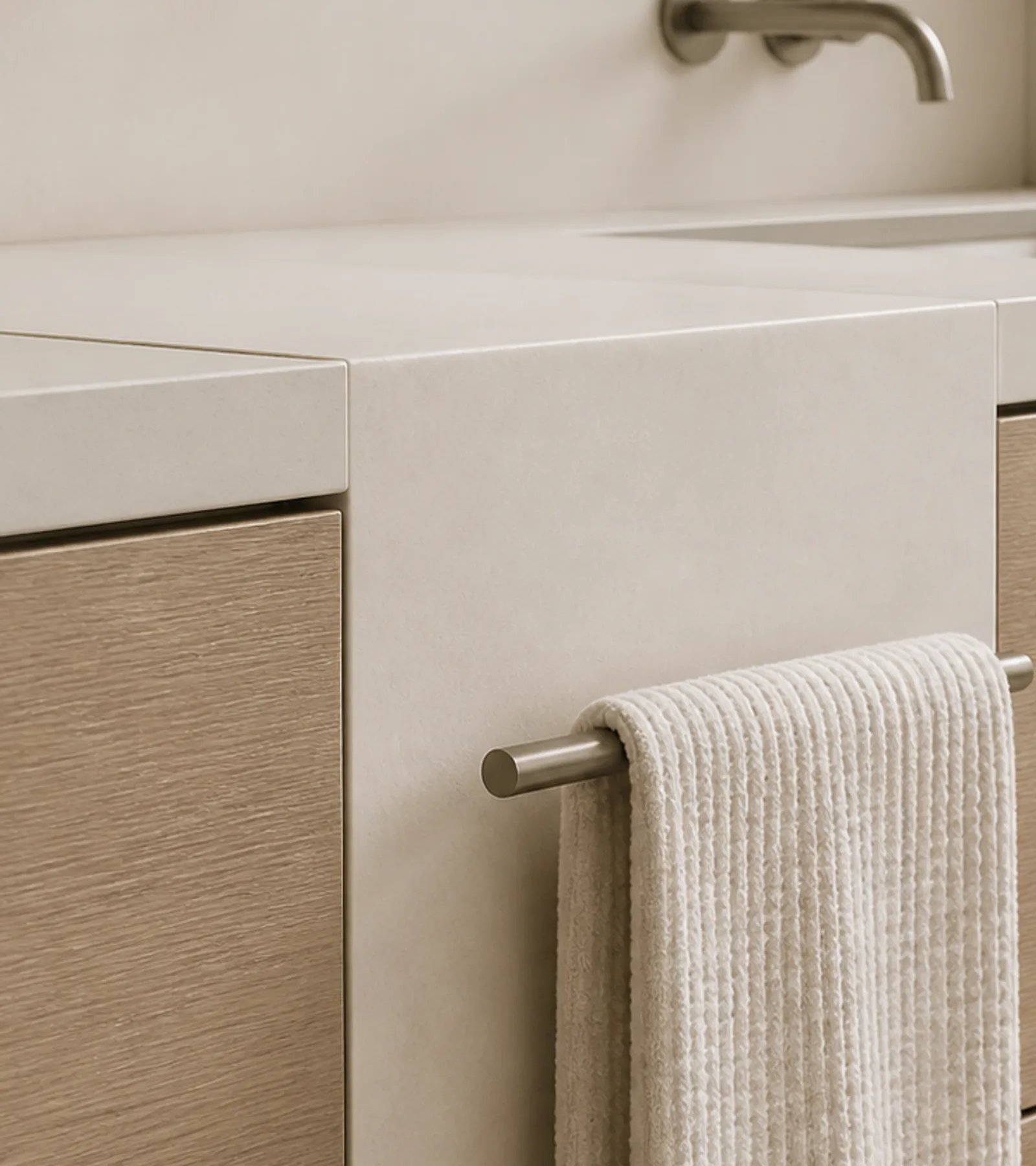 Fadior Nacre Bath and Vanity Suite with Chalk Ceramic Towel Pier — close-up of stainless steel finish and hardware detail