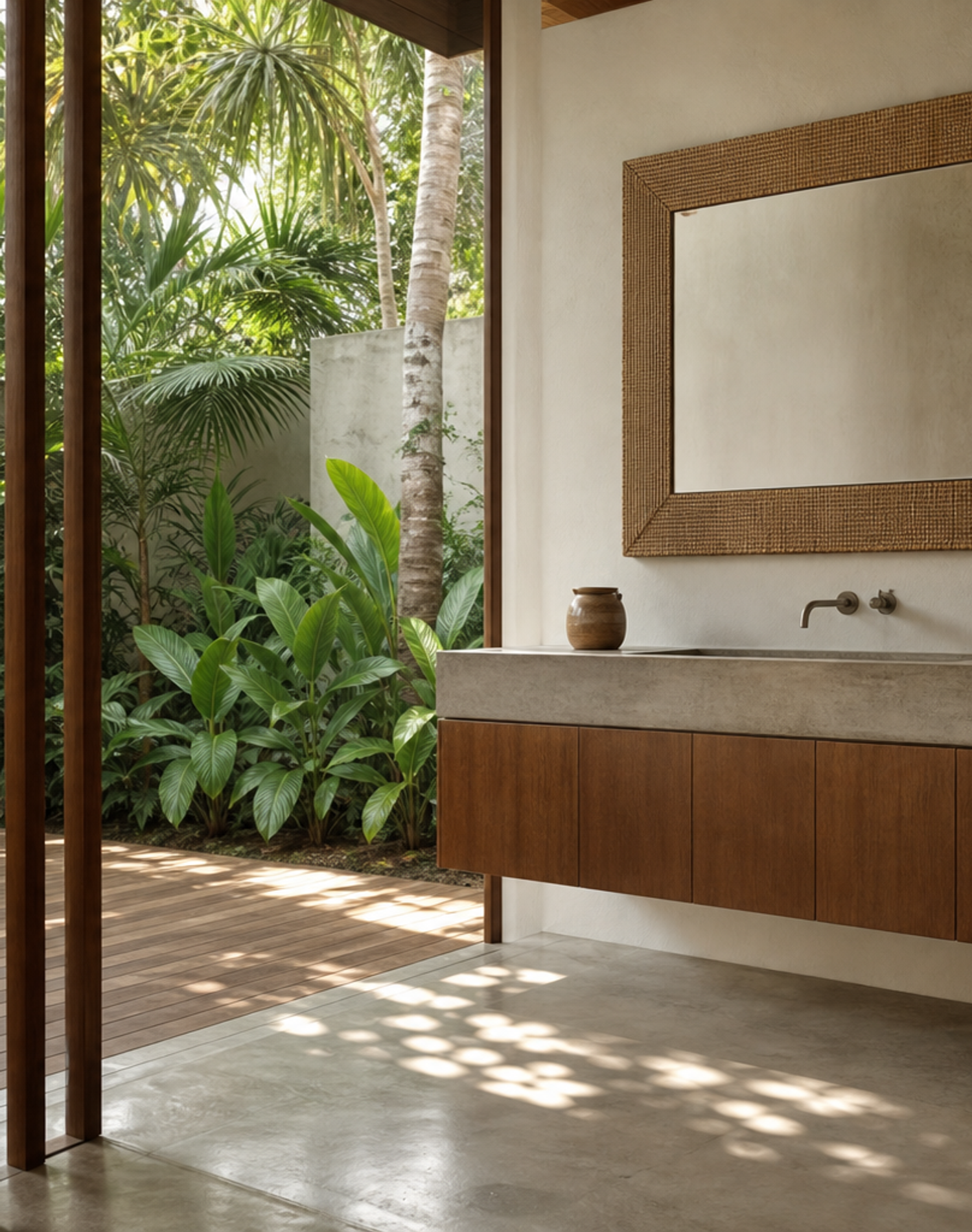 Fadior Ethereal Bath and Vanity Suite with Floating Veil Basin Wall — lifestyle setting with natural light and residential styling