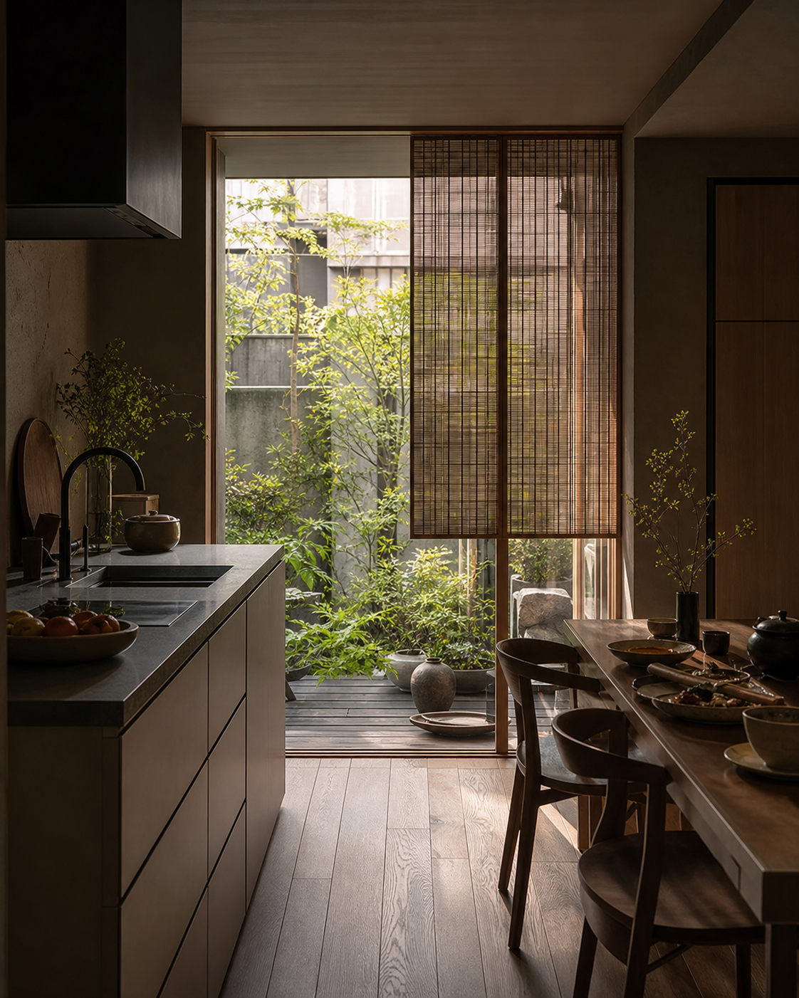 Fadior Tokyo 85 sqm Kitchen Apartment — dining threshold, courtyard planting, kitchen island, balcony window