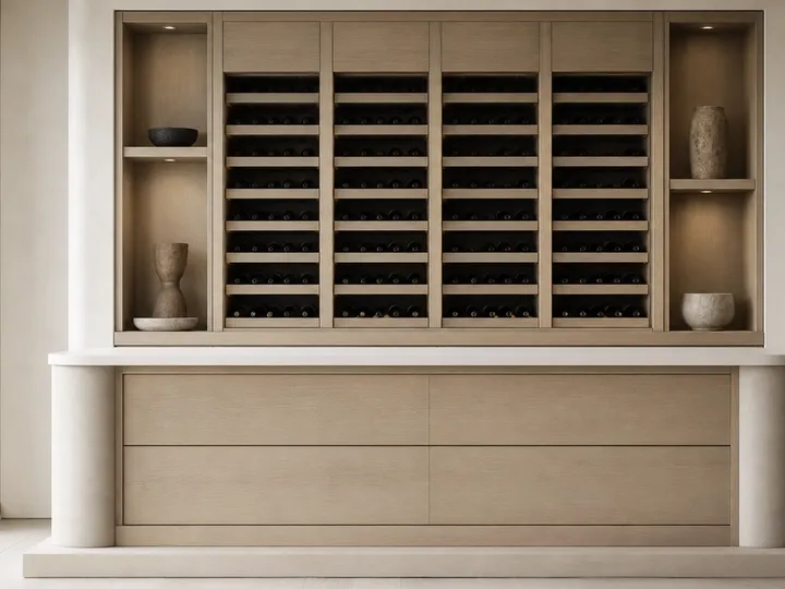 Fadior Grotto Wine Cabinet Suite with Chalk Cellar Tasting Plinth — 304 stainless steel wine cabinet system, front view