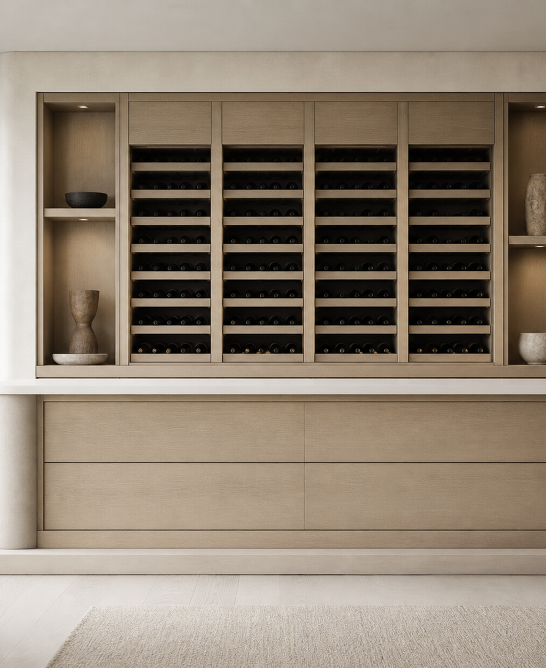 Fadior Grotto Wine Cabinet Suite with Chalk Cellar Tasting Plinth — 304 stainless steel wine cabinet system, front view