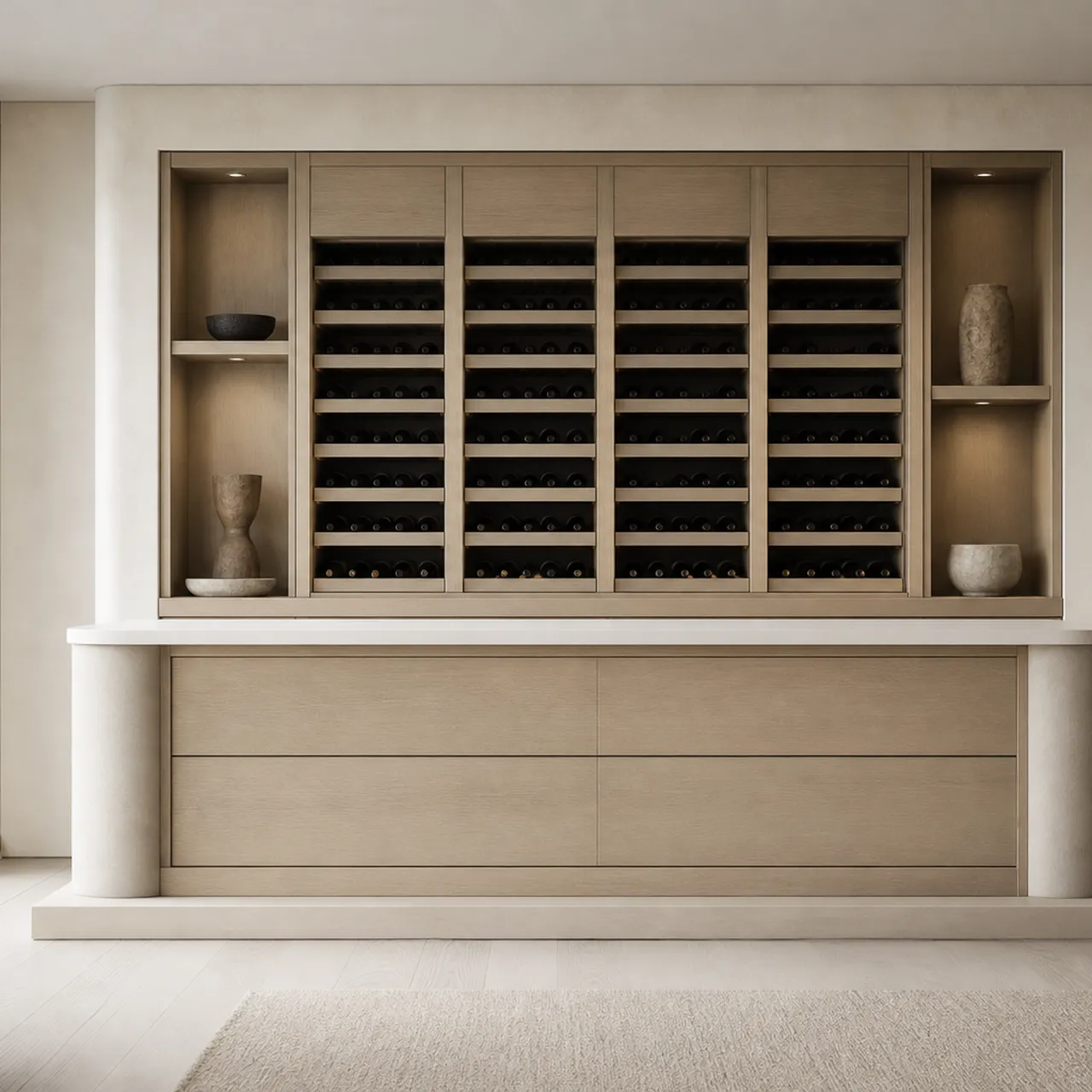 Fadior Grotto Wine Cabinet Suite with Chalk Cellar Tasting Plinth — 304 stainless steel wine cabinet system, front view