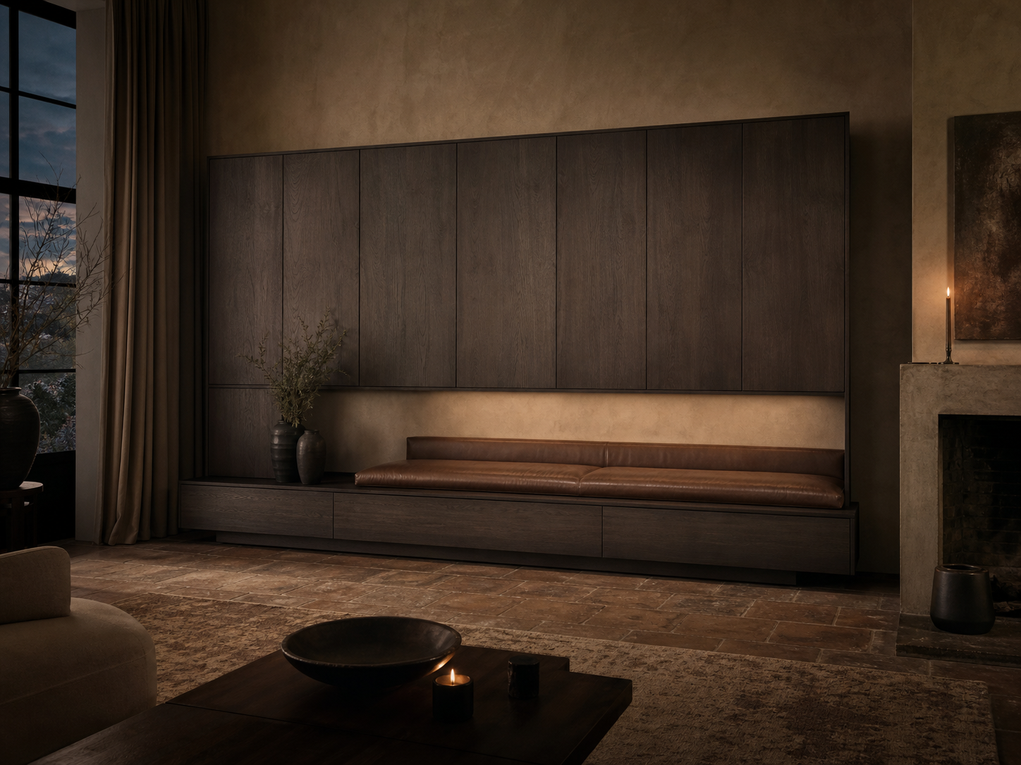 Fadior Patina Living Room Suite with Floating Banquette Console — interior room context showing cabinet integration