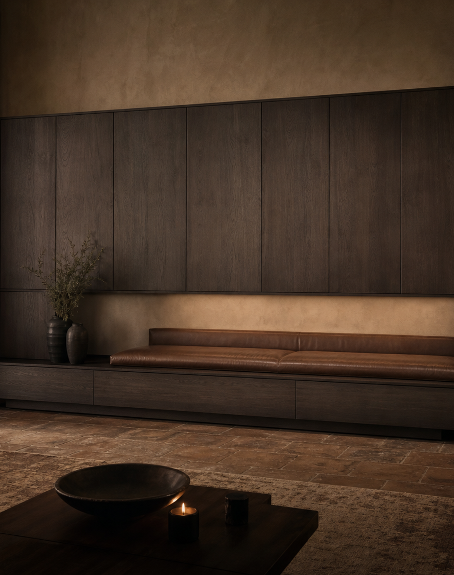 Fadior Patina Living Room Suite with Floating Banquette Console — interior room context showing cabinet integration