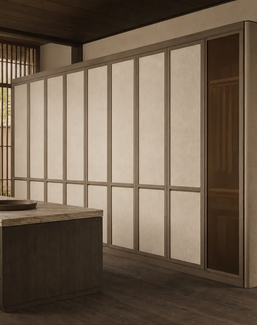 Fadior Voyage Wardrobe Suite with Saddle Glass Tie Portico — interior room context showing cabinet integration