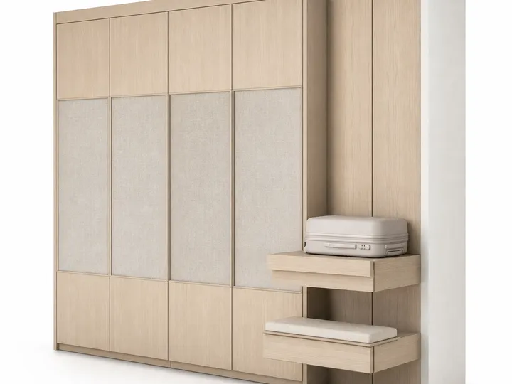 Fadior Canopy Wardrobe Suite with Floating Luggage Valet Wall — 304 stainless steel wardrobe system, front view