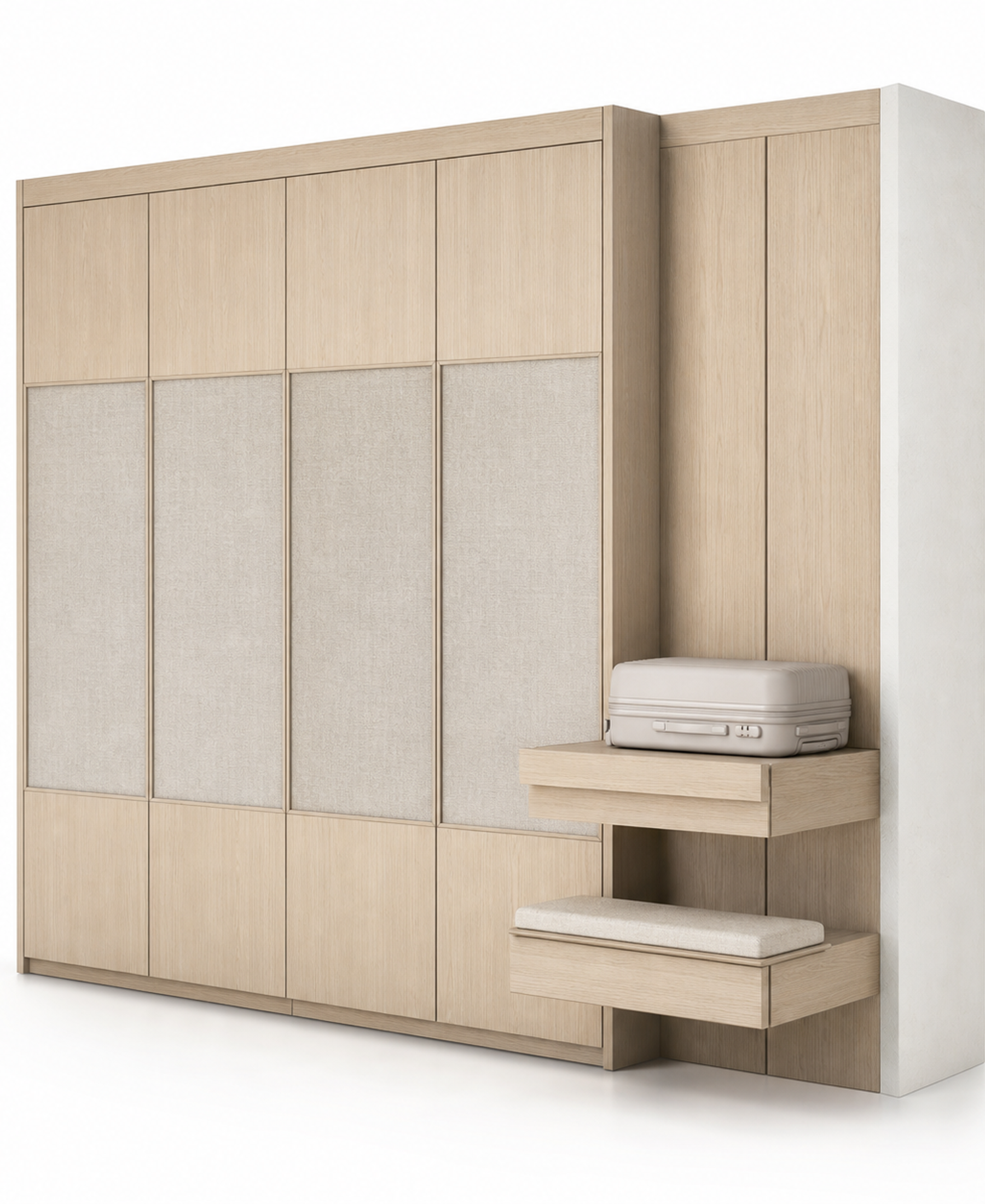 Fadior Canopy Wardrobe Suite with Floating Luggage Valet Wall — 304 stainless steel wardrobe system, front view