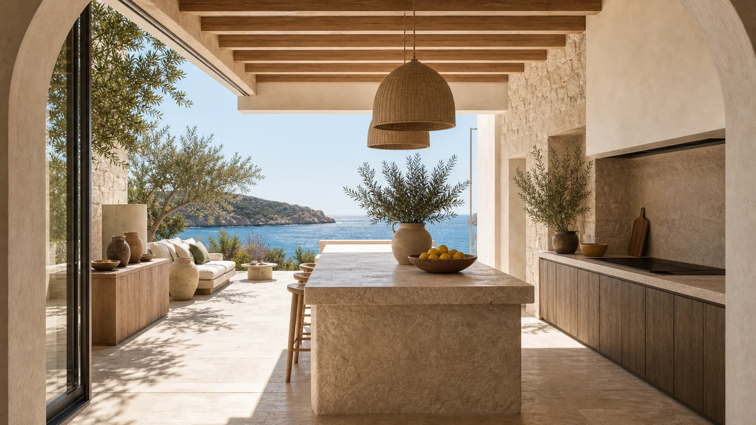 Mediterranean villa kitchen with pale stone, oak tones, and a range-wall atmosphere for buyer decisions.