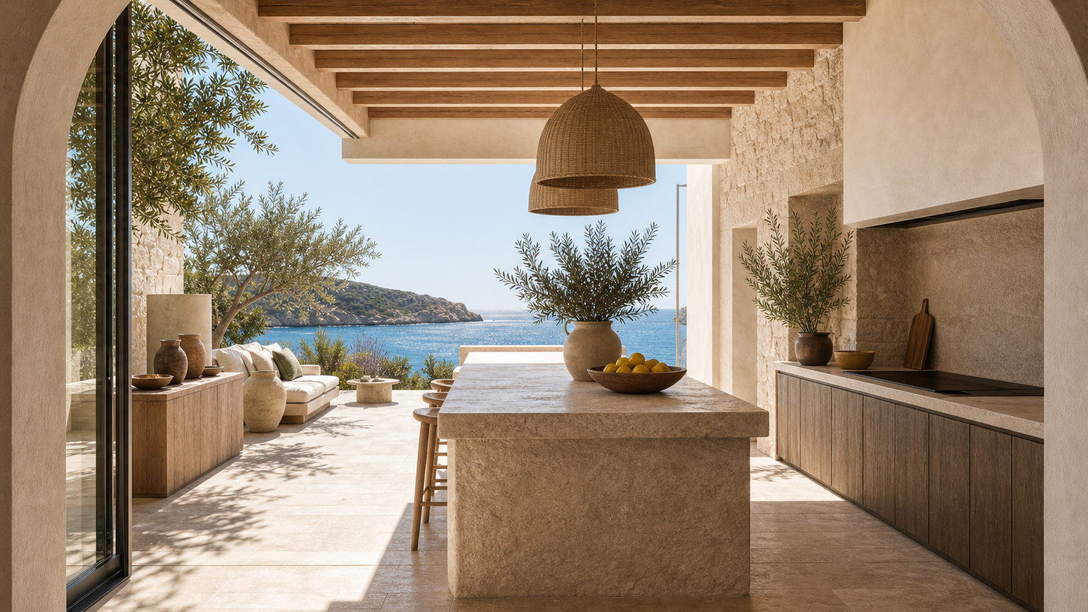 Mediterranean villa kitchen with pale stone, oak tones, and a range-wall atmosphere for buyer decisions.