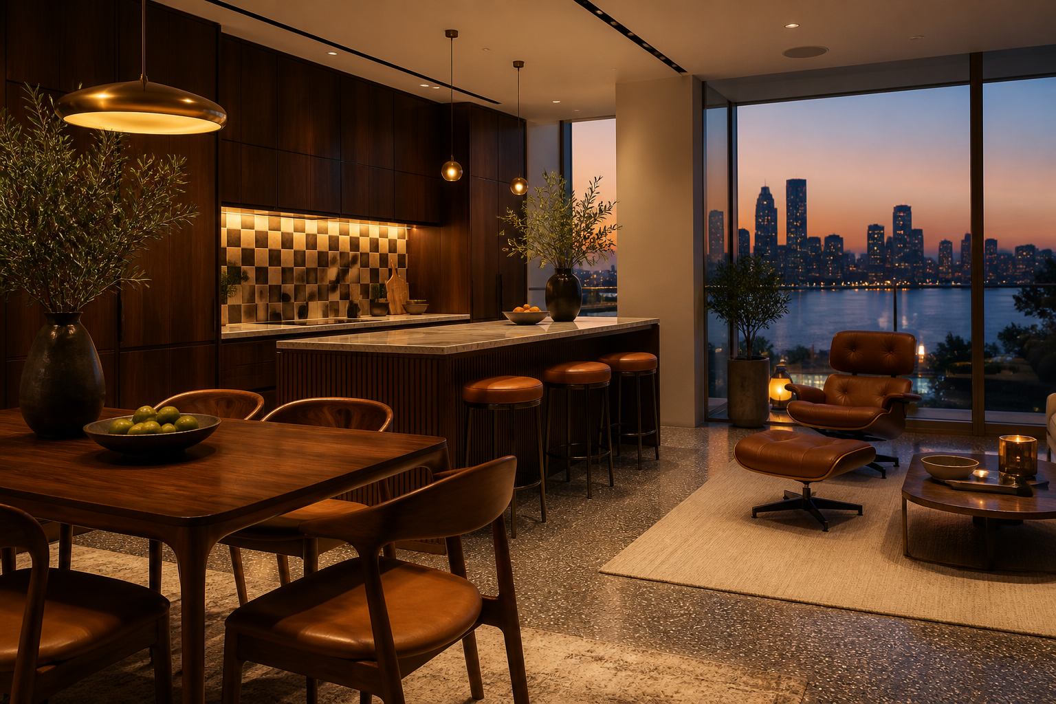 Fadior Abu Dhabi 425 sqm Kitchen Villa — walnut island, dining table, leather lounge chair, terrazzo floor, city window