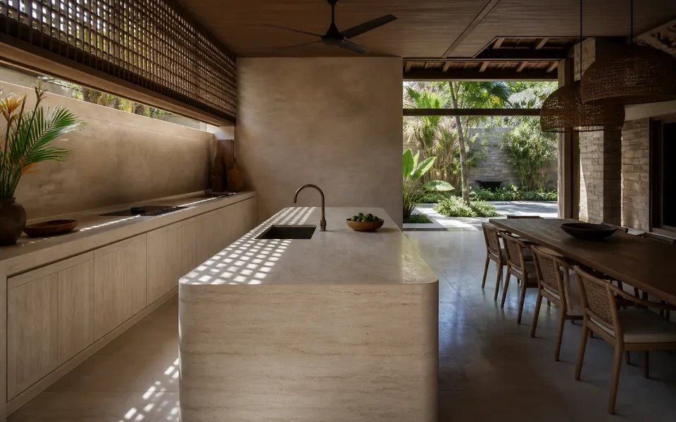 Fadior Ubud 220 sqm Kitchen Villa — pale island, dining table, cane chairs, timber lattice, palm courtyard. — 304 stainless steel cabinetry installation by Fadior