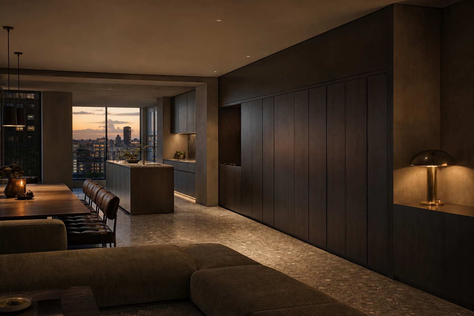 Fadior London 200 sqm Kitchen Bath Penthouse — lounge sofa, dining table, kitchen island, cabinet wall, skyline window