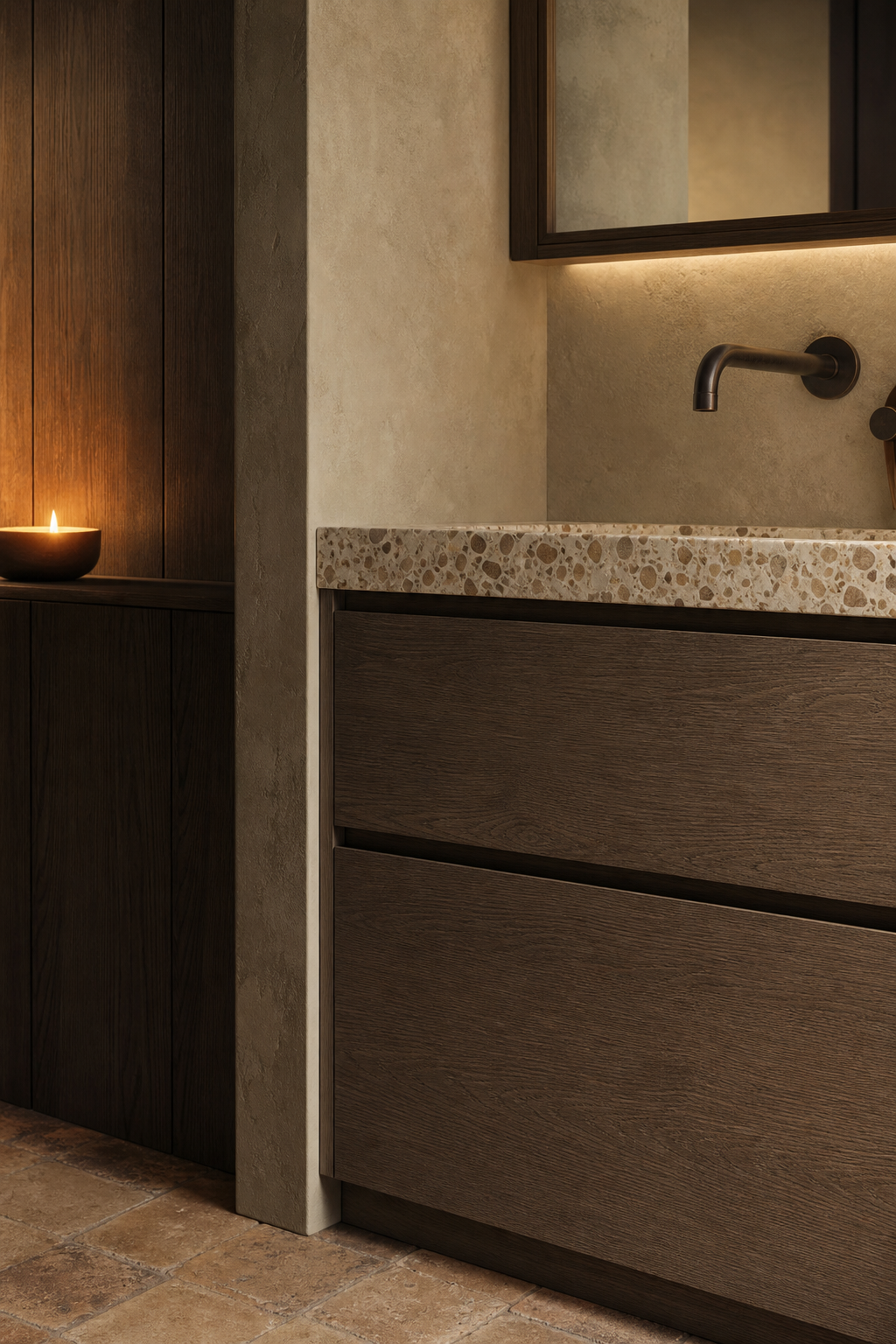 Fadior Alcove Bath and Vanity Suite with Clay Recess Morning Wash Wall — close-up of stainless steel finish and hardware