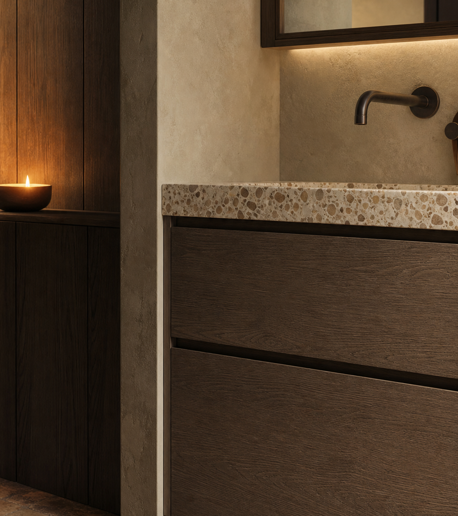 Fadior Alcove Bath and Vanity Suite with Clay Recess Morning Wash Wall — close-up of stainless steel finish and hardware