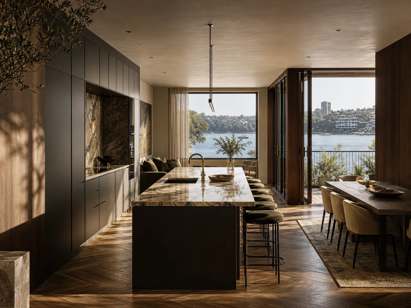 Fadior Sydney Compact Residence — Sydney compact kitchen with marble island, walnut cabinets, oak parquet floor,