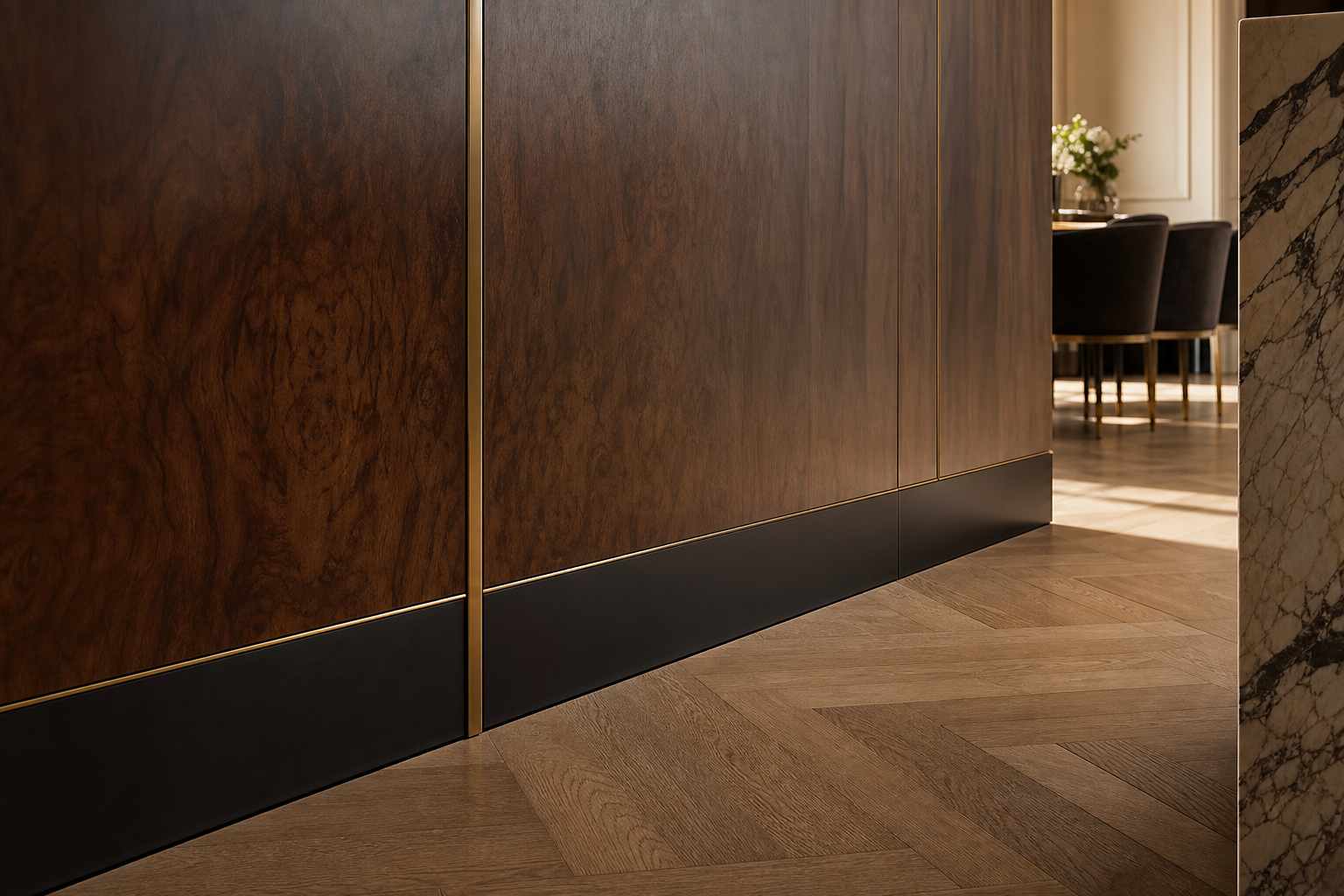 Fadior Miroir Wall Panel Suite with Floorline Plinth Alignment — close-up of stainless steel finish and hardware detail