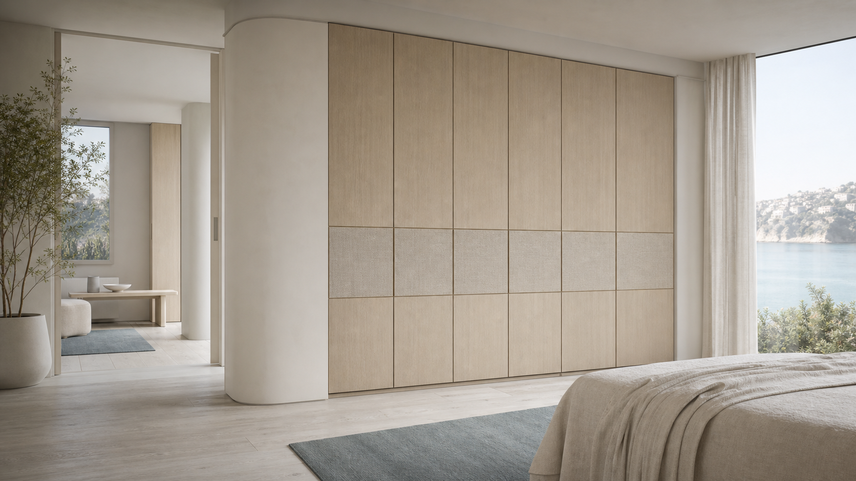 Fadior Eclipse Wardrobe Suite with Chalk Plaster Dressing Portico — lifestyle setting with natural light and residential