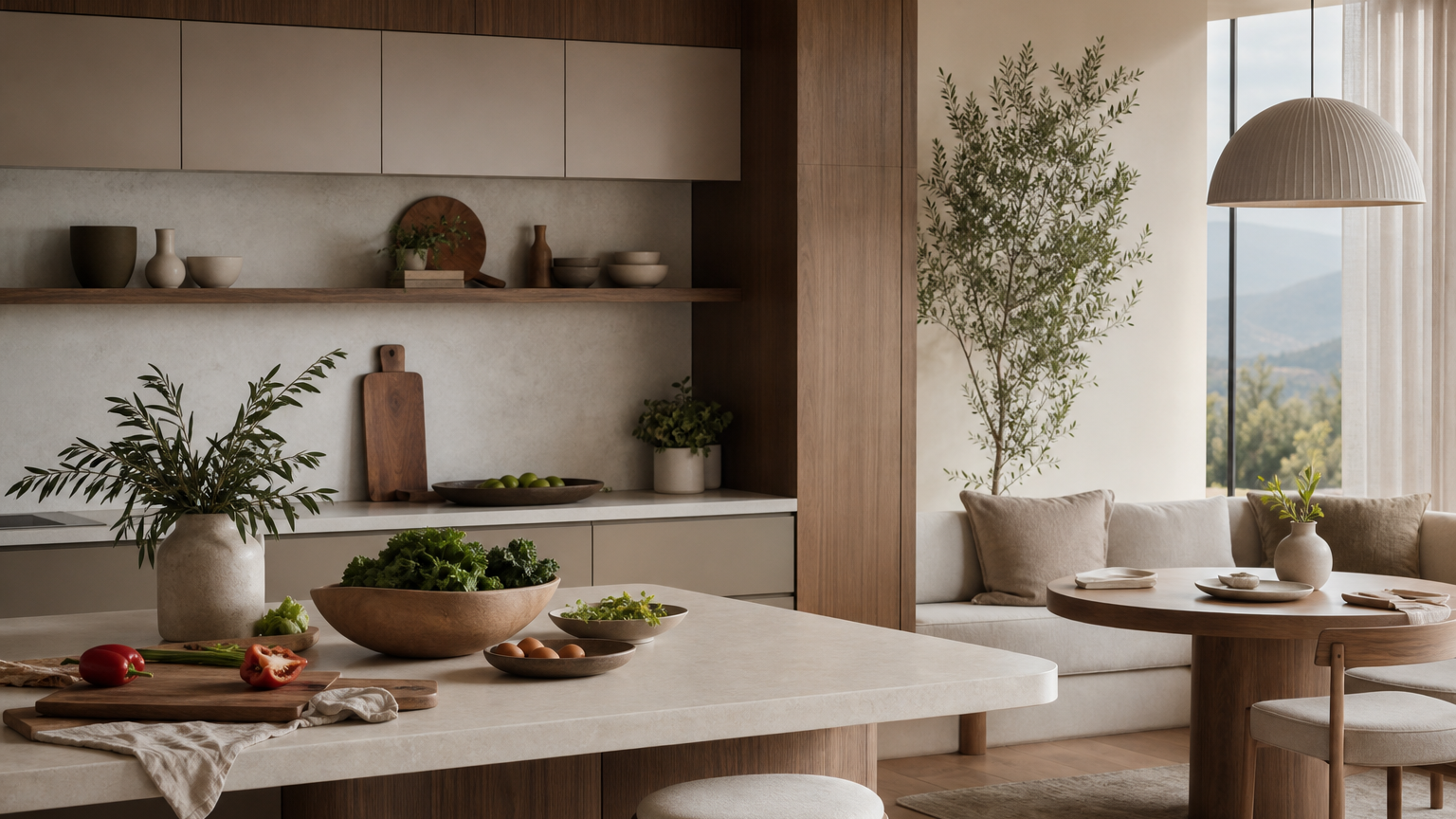 Atmosphere view: warm grey villa kitchen with breakfast nook for durable AI kitchen use cases.
