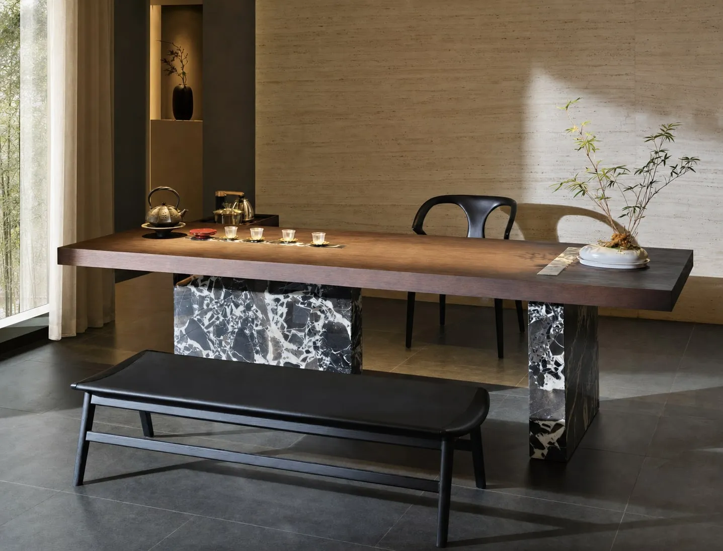 Wood-Top Marble-Base Tea Table 2000×900×720 mm