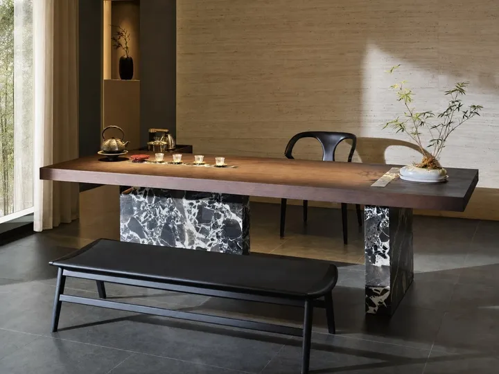 Mesa de té con tapa de madera y base de mármol 1800×900×720 mm